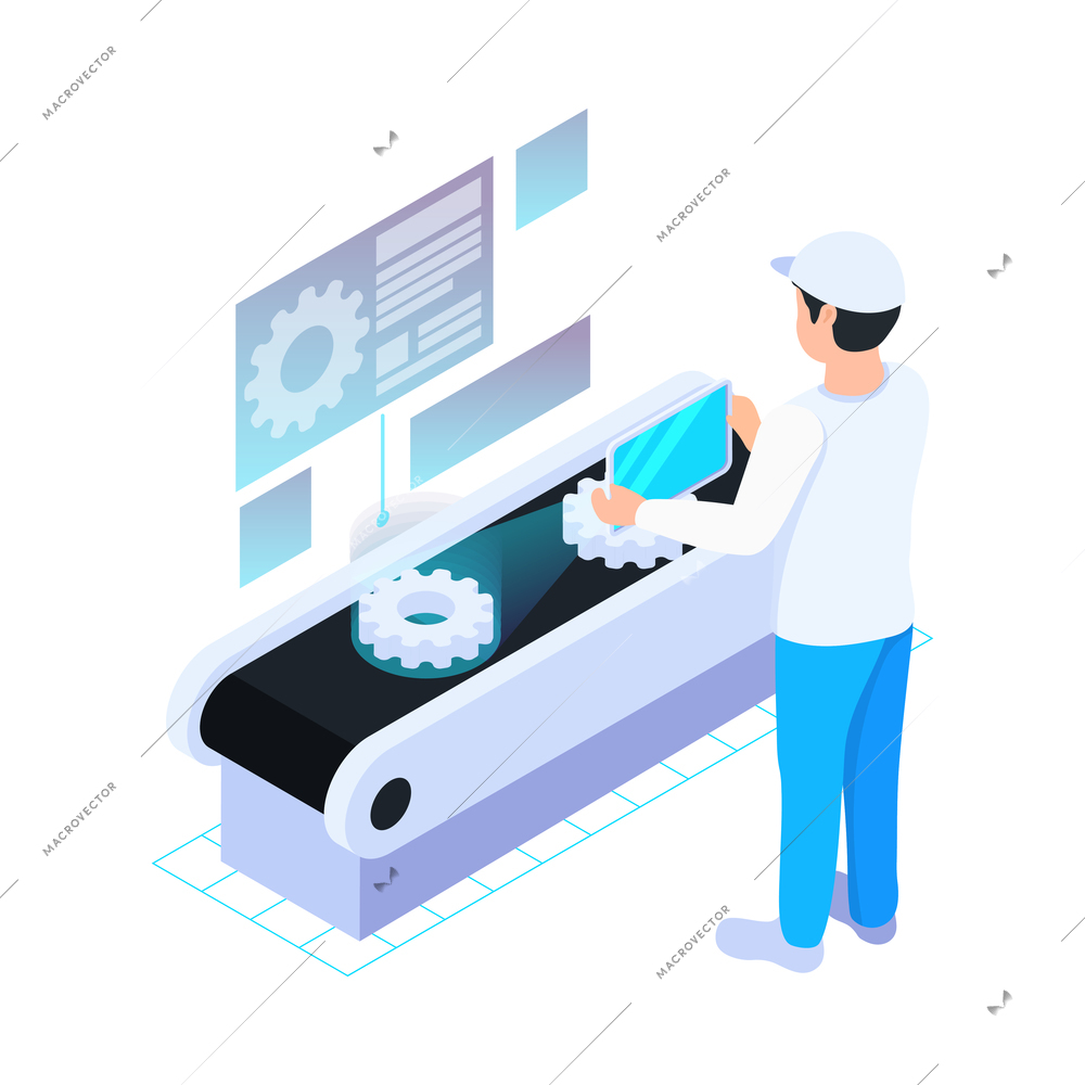 Factory worker using virtual reality technology at manufacturing site 3d isometric vector illustration