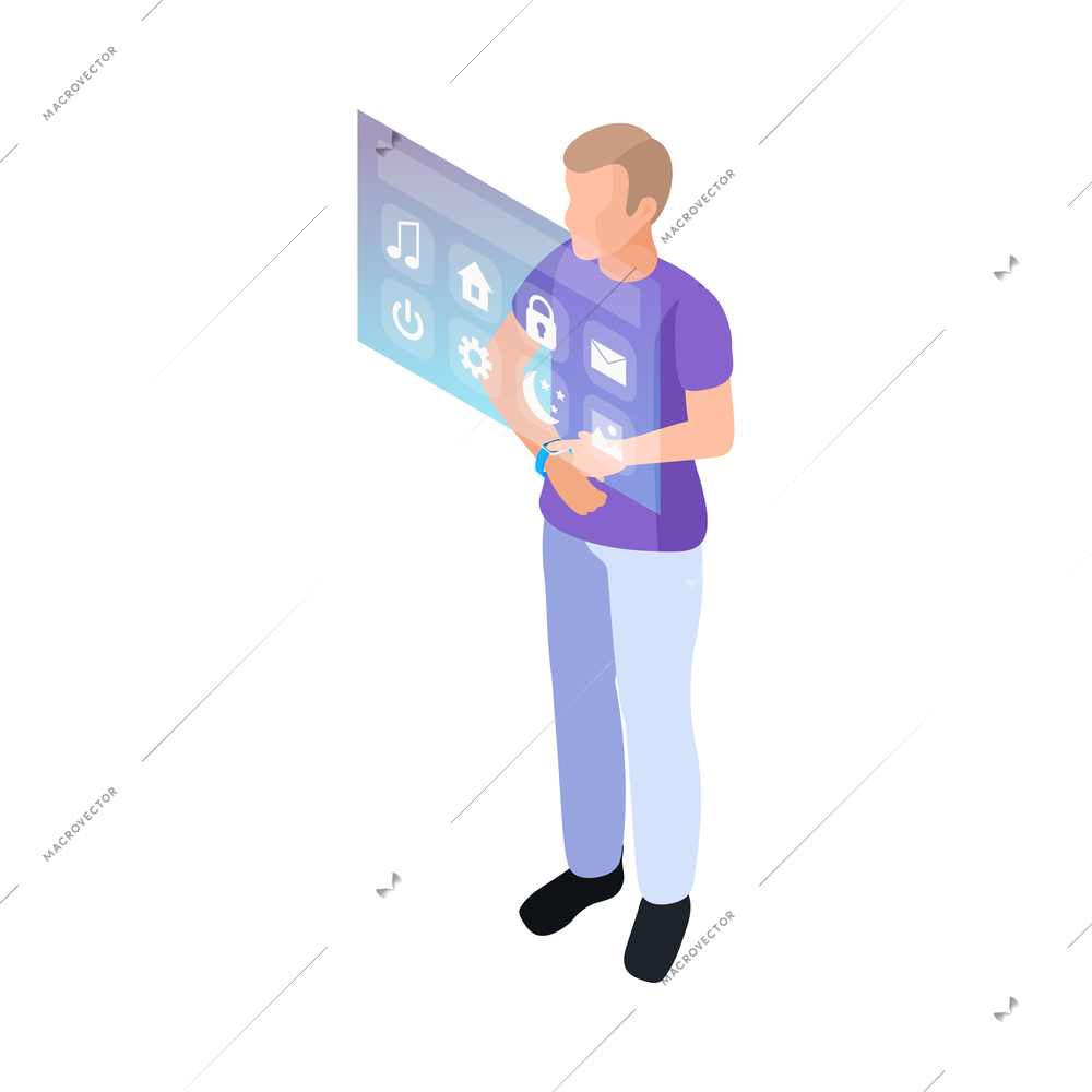 Man using smartwatch with virtual reality interface 3d isometric vector illustration
