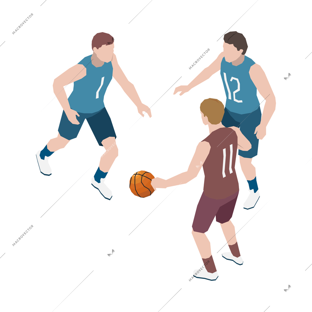 Male team playing basketball 3d isometric vector illustration