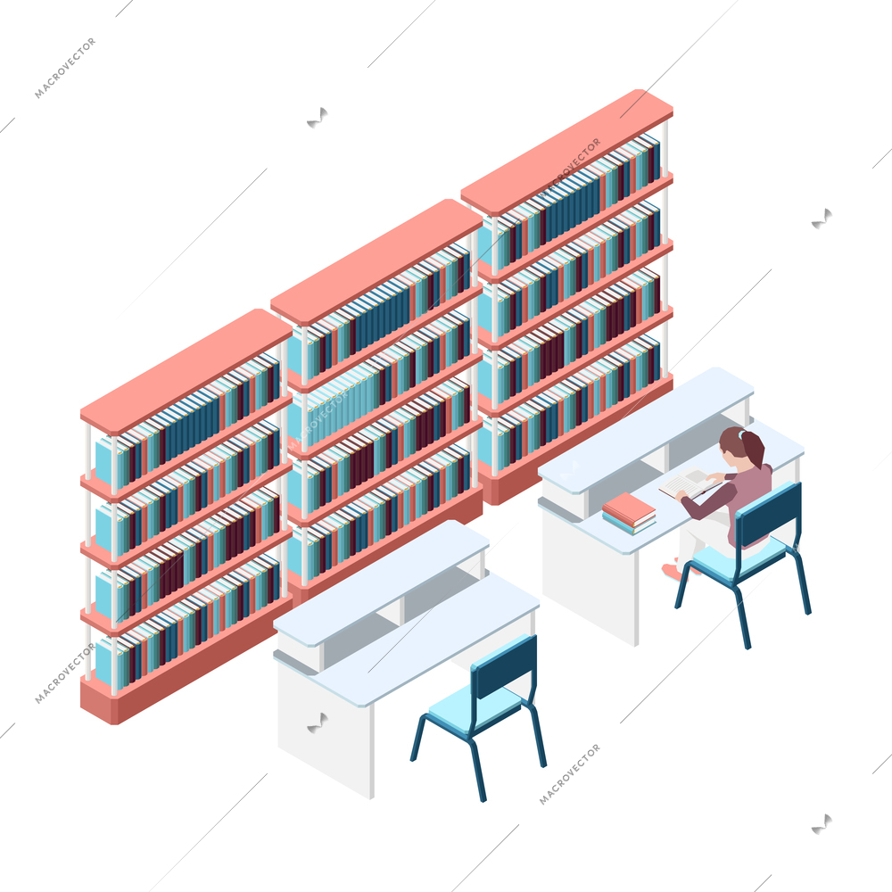 Isometric university or high school library with bookcases and female student reading book 3d vector illustration