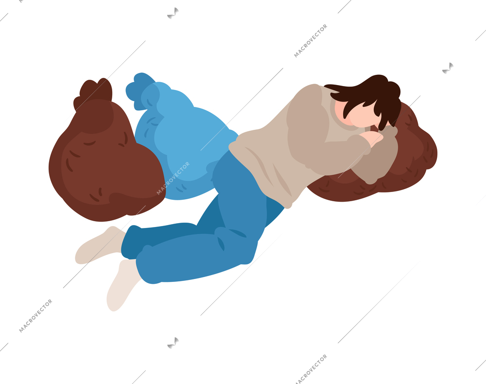 Isometric homeless person sleeping outdoors on bags 3d vector illustration