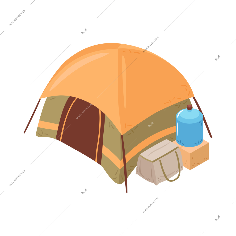Isometric tent at camp for refugees or homeless people 3d vector illustration