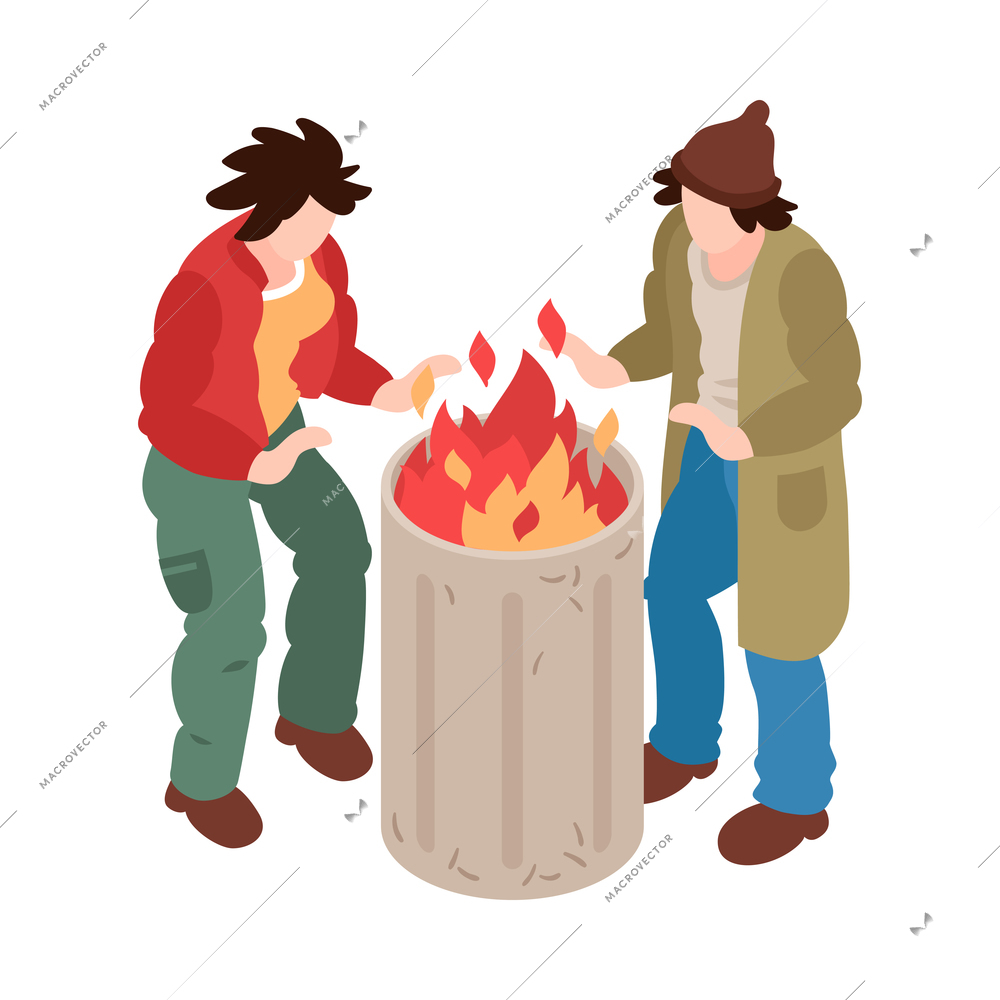 Isometric homeless people at fire barrel 3d vector illustration