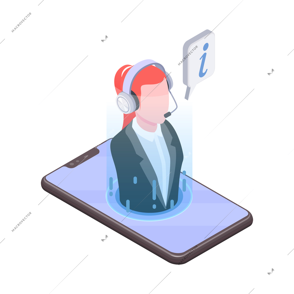 Online client support service isometric icon with smartphone and female worker wearing headset 3d vector illustration