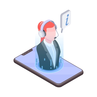 Online client support service isometric icon with smartphone and female worker wearing headset 3d vector illustration