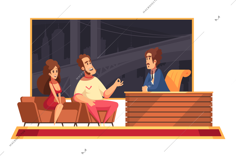 Tv talk show cartoon composition with male presenter and guests flat vector illustration