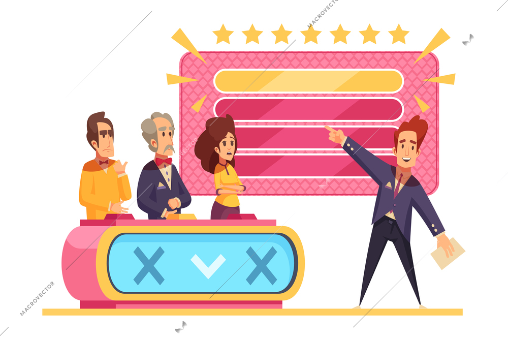 Television game show cartoon composition with male presenter and three participants vector illustration