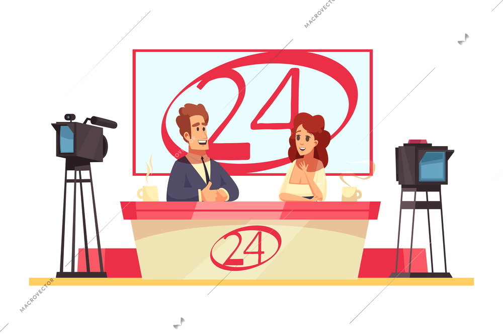 Television talk show cartoon composition with two smiling presenters in studio vector illustration