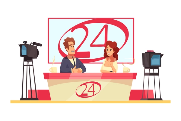 Television talk show cartoon composition with two smiling presenters in studio vector illustration