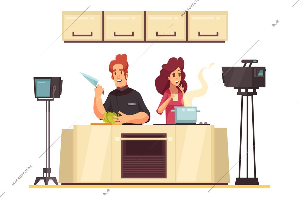 Tv cookery show cartoon composition with two presenters cooking in studio vector illustration