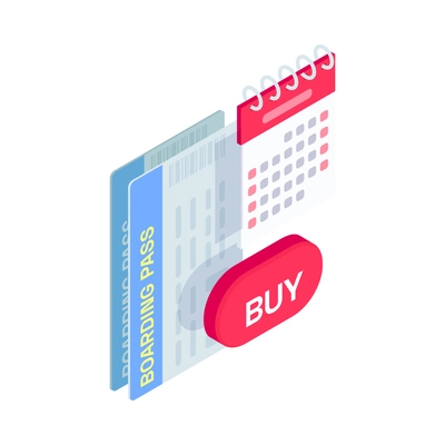 Ecommerce online tickets booking isometric icon with boarding pass calendar buy button 3d vector illustration