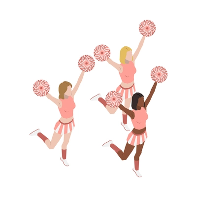 Cheerleader girls dancing with pom poms 3d isometric vector illustration