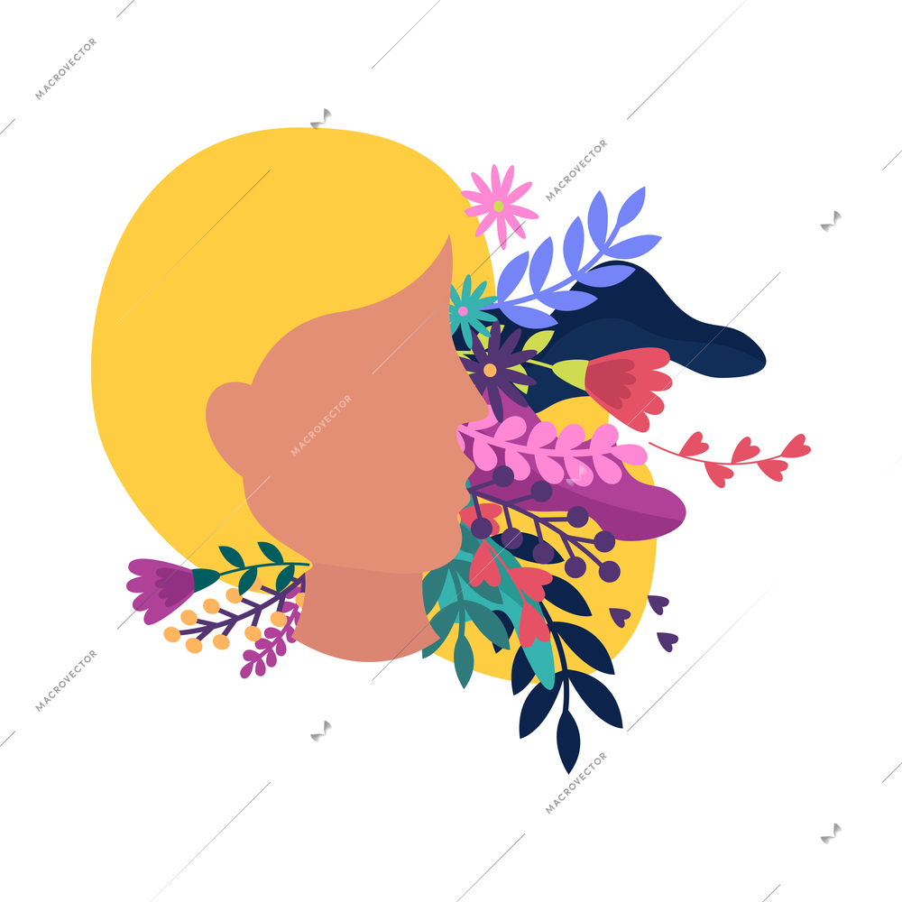 Flat design girl face with various spring flowers and leaves vector illustration