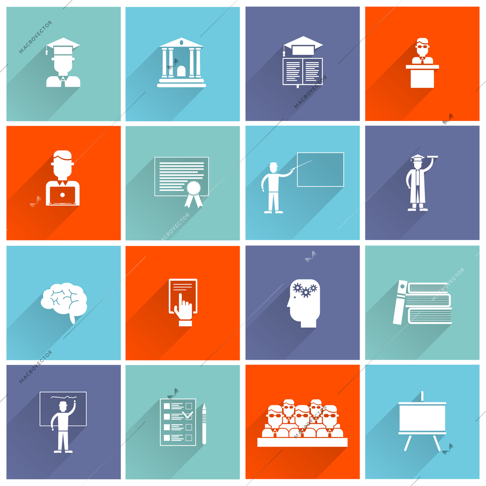 Higher education college university studying and graduation icons flat set isolated vector illustration
