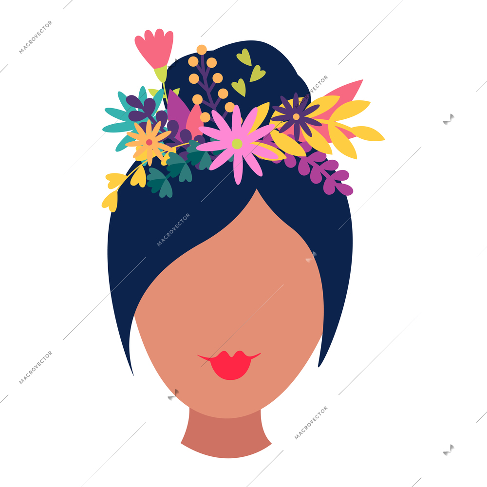 Girl face with colorful spring flowers and leaves in hair flat vector illustration