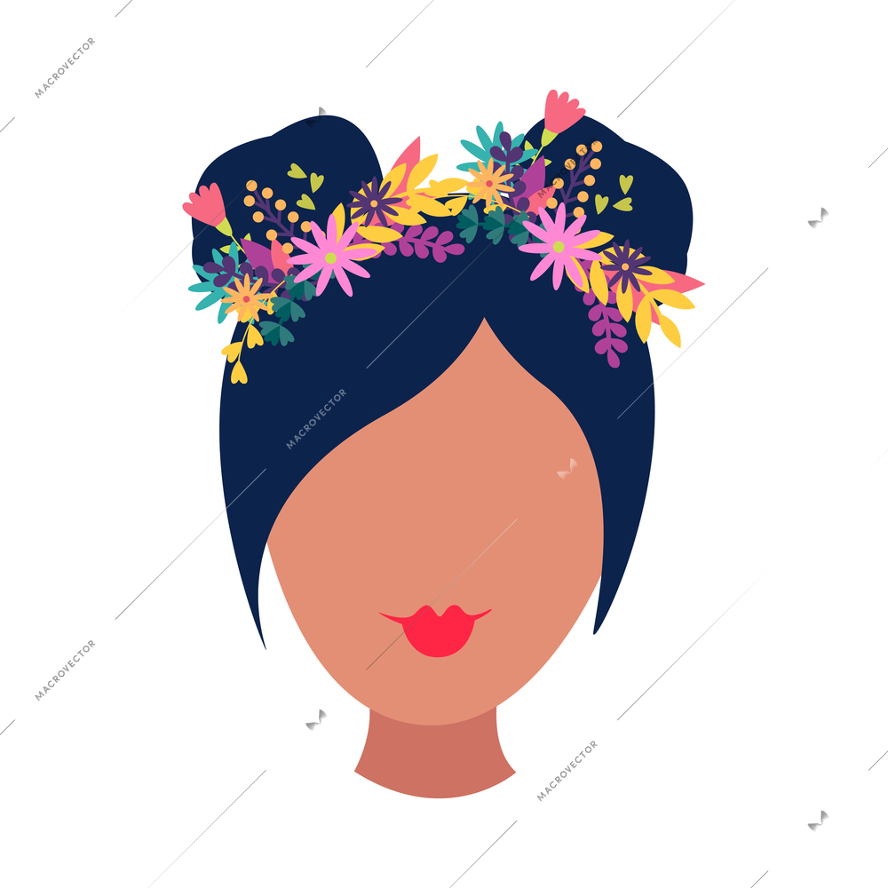 Flat girl face with colorful spring flowers in hair vector illustration