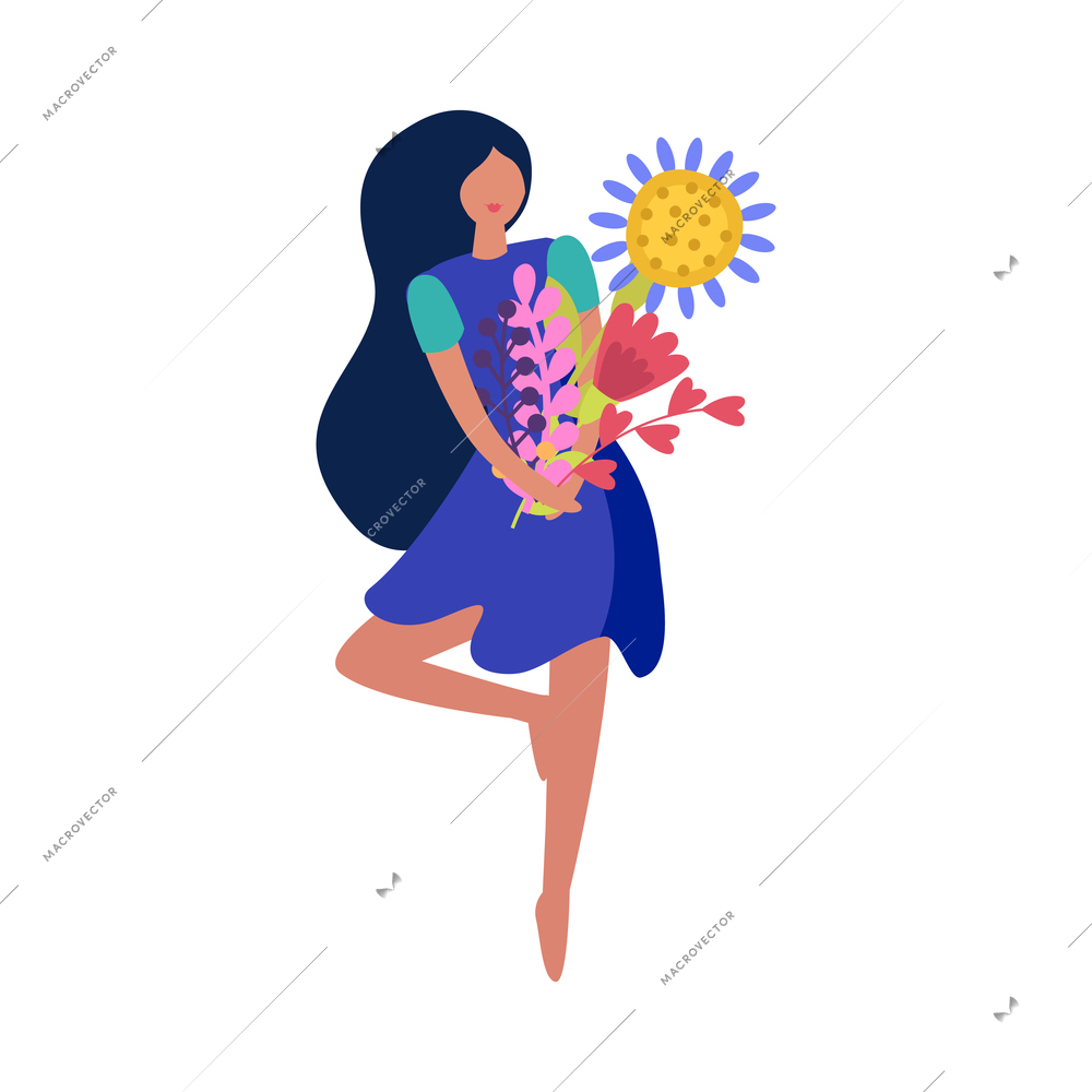 Girl with long dark hair holding bunch of flowers flat vector illustration