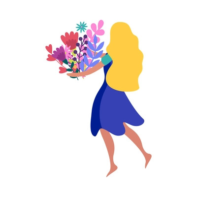 Girl with long fair hair holding bunch of spring flowers back view flat vector illustration