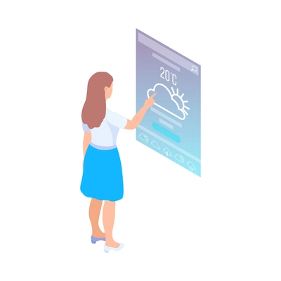 Woman touching virtual reality interface using weather app 3d isometric vector illustration