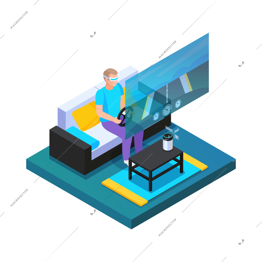 Virtual augmented reality isometric composition with man playing game in vr glasses 3d vector illustration