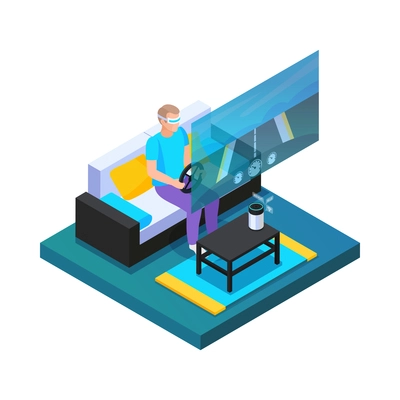 Virtual augmented reality isometric composition with man playing game in vr glasses 3d vector illustration