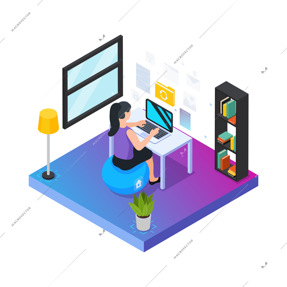 Augmented reality composition with woman working on laptop interacting with virtual interfaces 3d isometric vector illustration