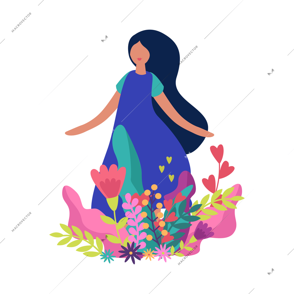 Flat girl with colorful spring flowers vector illustration