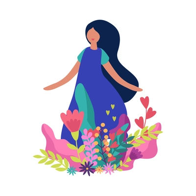 Flat girl with colorful spring flowers vector illustration