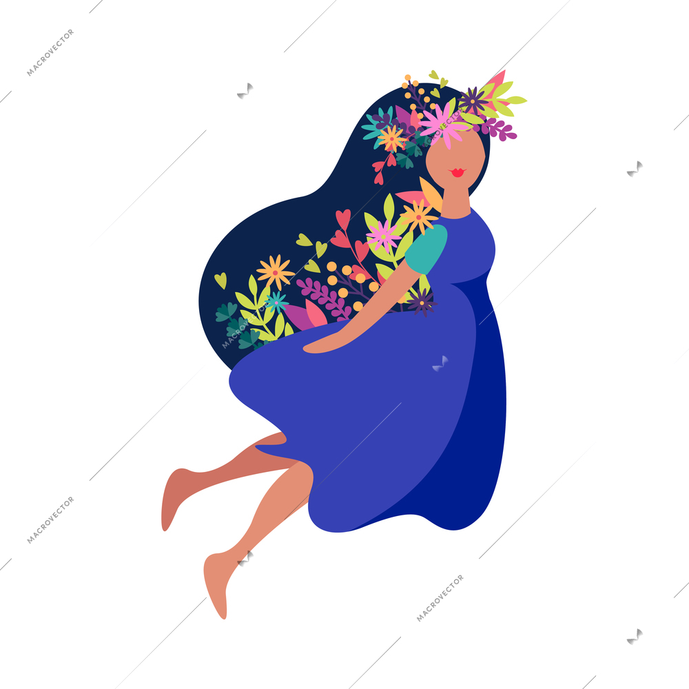 Flat romantic spring girl with flowers and leaves in long dark hair vector illustration