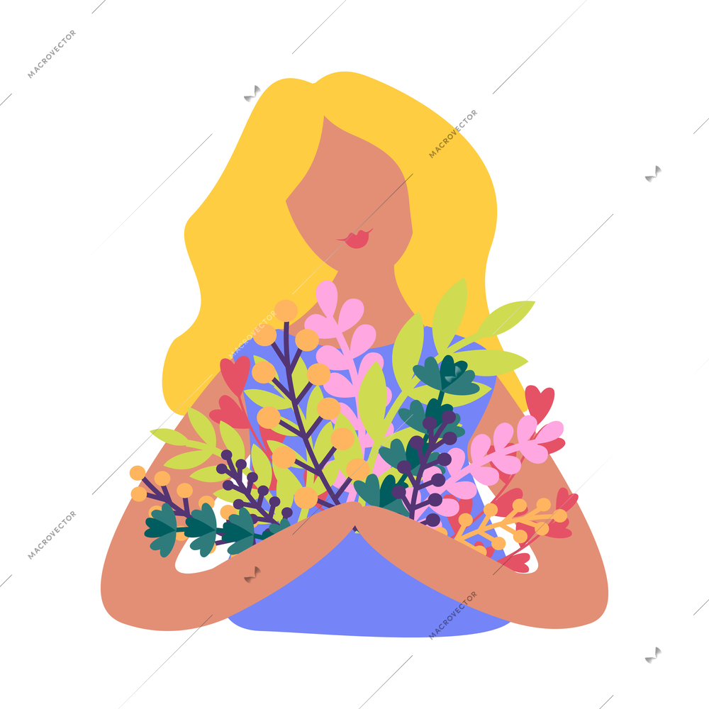 Blond girl holding bunch of spring flowers and twigs flat vector illustration