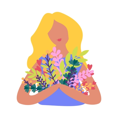 Blond girl holding bunch of spring flowers and twigs flat vector illustration