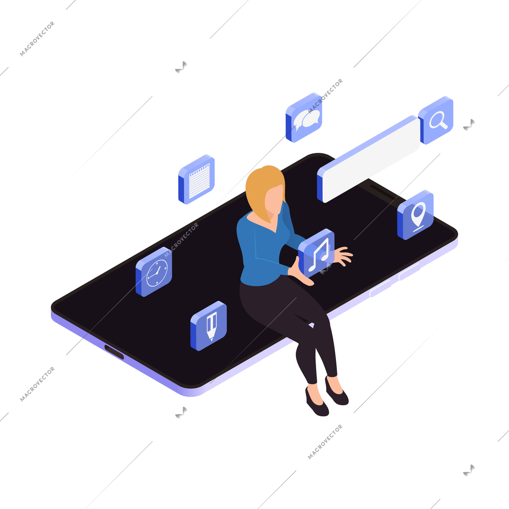 Virtual reality interface isometric icon with human character and smartphone 3d vector illustration