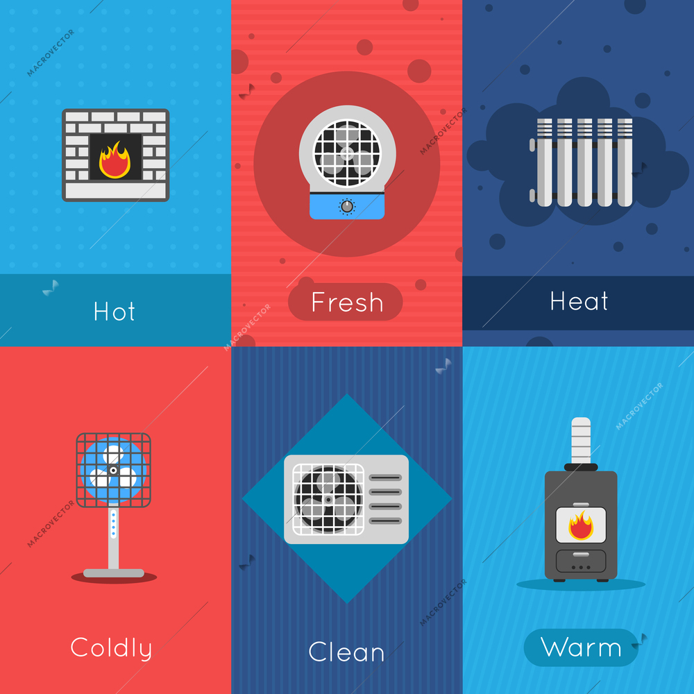 Heating and cooling mini poster set with hot fresh coldly clean warm air signs isolated vector illustration