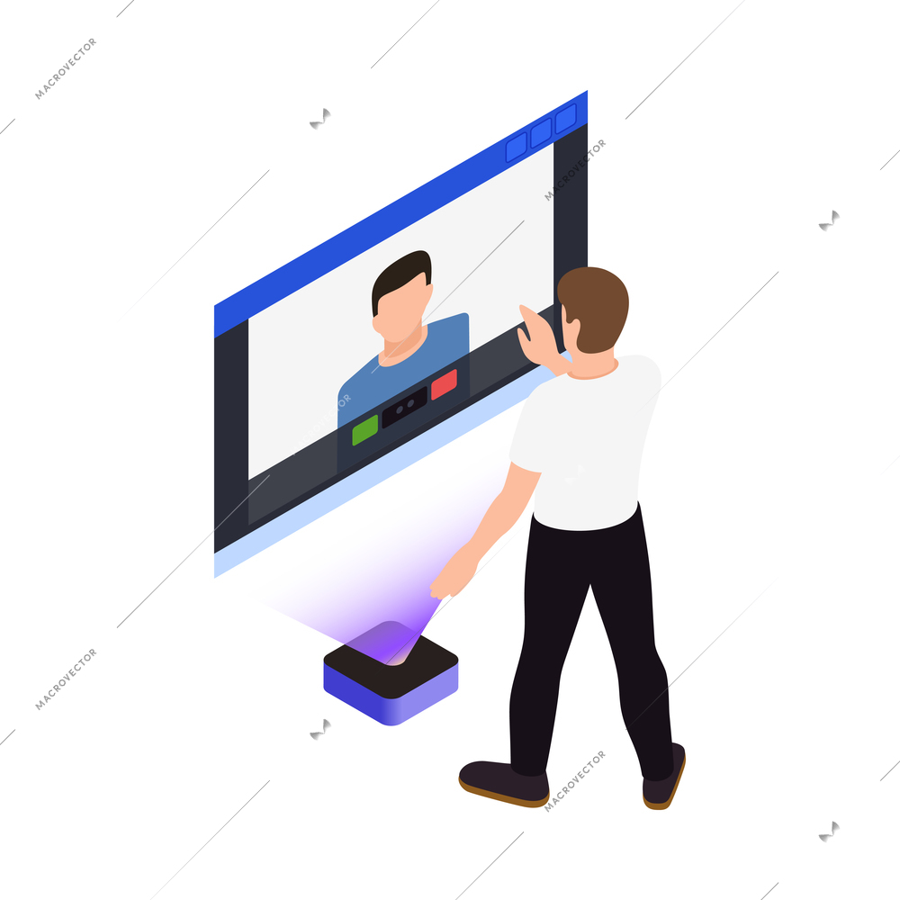 Isometric man interacting with virtual reality screen 3d vector illustration