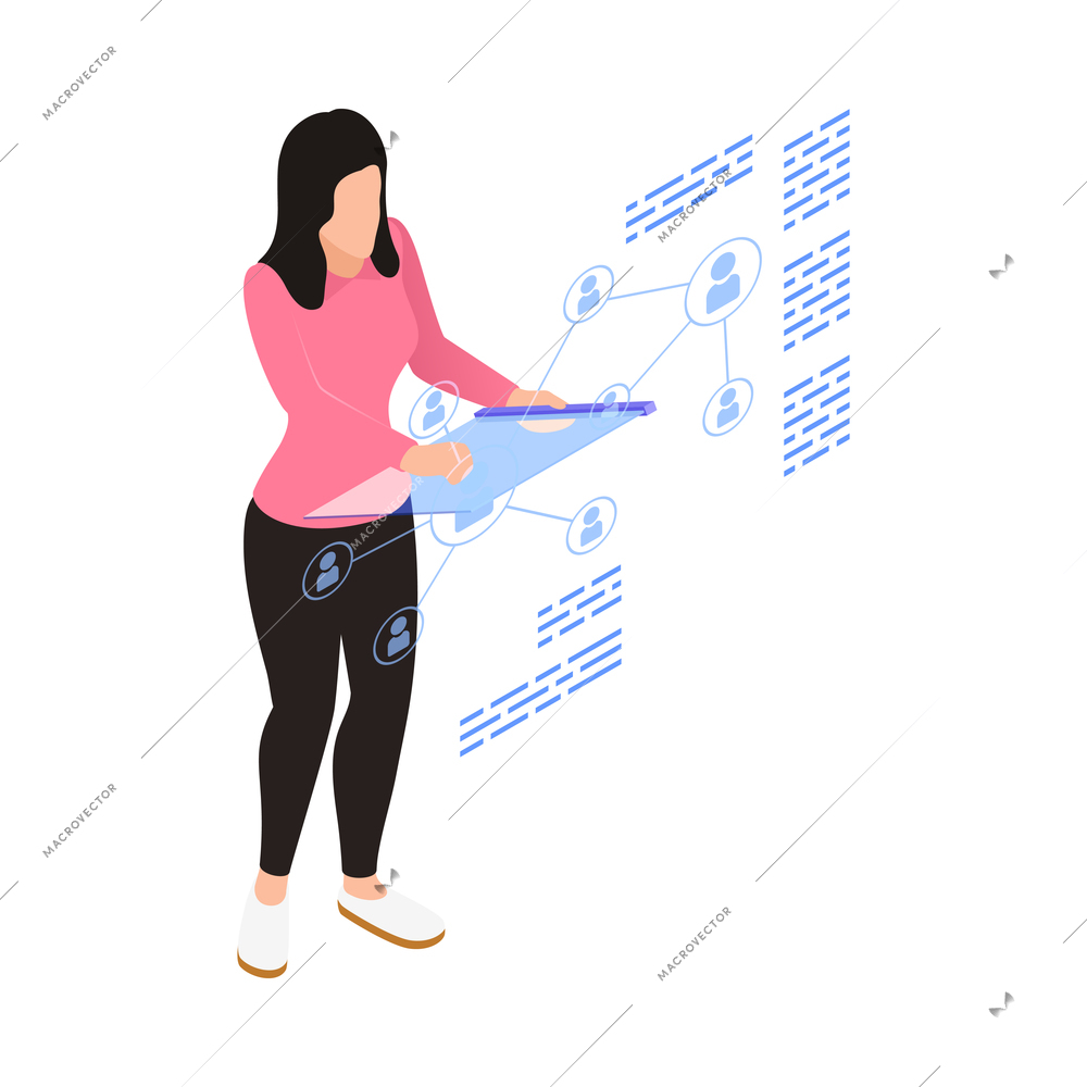 Virtual reality technology interface isometric icon with female human character 3d vector illustration
