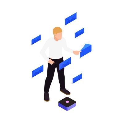 Augmented reality technology isometric icon with man touching virtual interface 3d vector illustration