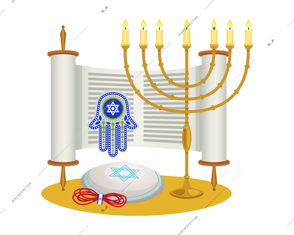 Israel travel flat composition with menorah and traditional hanukka celebration symbols vector illustration