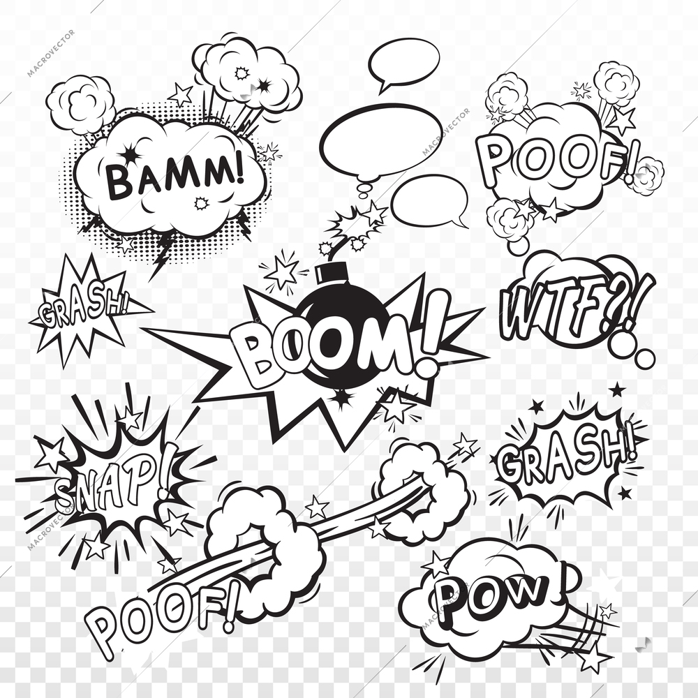 Comic black speech bubbles in pop art style with bomb cartoon explosion snap boom poof text set vector illustration