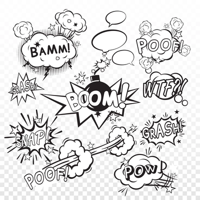 Comic black speech bubbles in pop art style with bomb cartoon explosion snap boom poof text set vector illustration