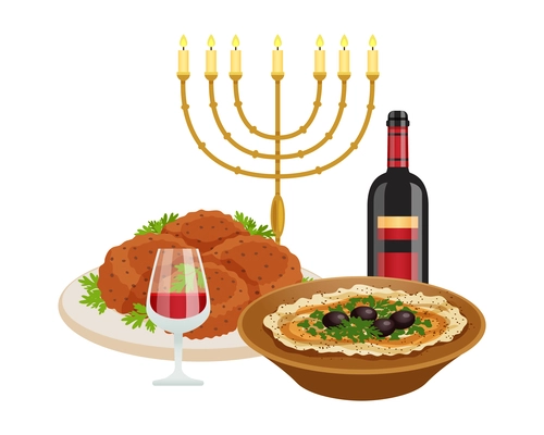 Israel travel hanukka flat composition with menorah and traditional cuisine vector illustration