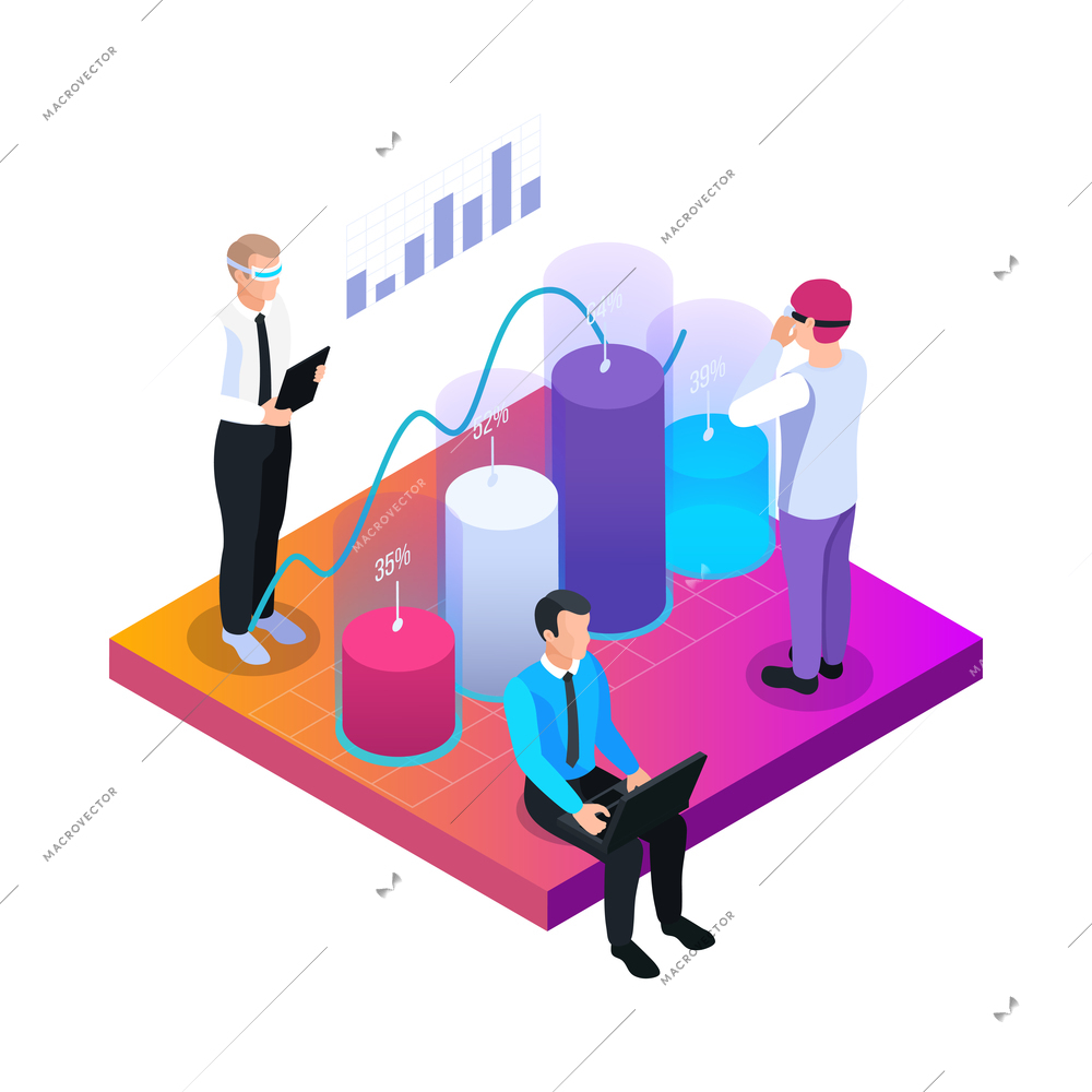 Isometric composition with businessmen analysing data using augmented reality technology 3d vector illustration