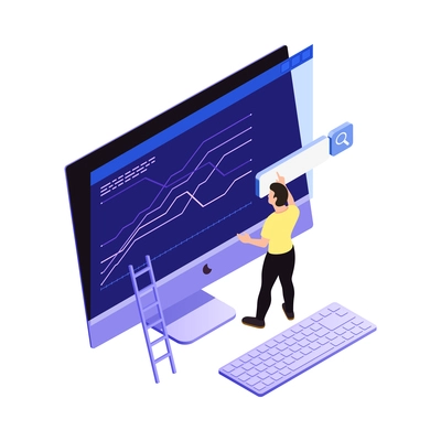 Virtual reality interface isometric icon with tiny male character and computer 3d vector illustration