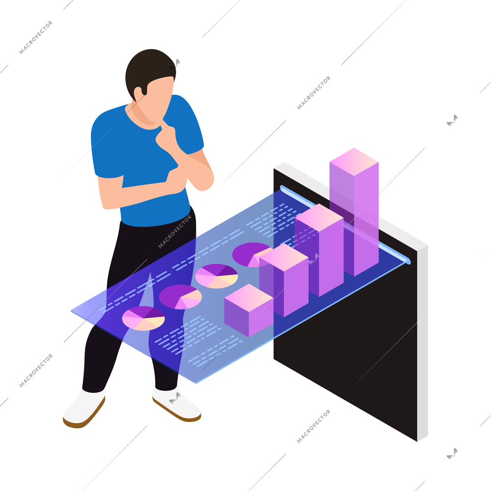 Isometric augmented technology icon with man looking at charts on virtual screen 3d vector illustration