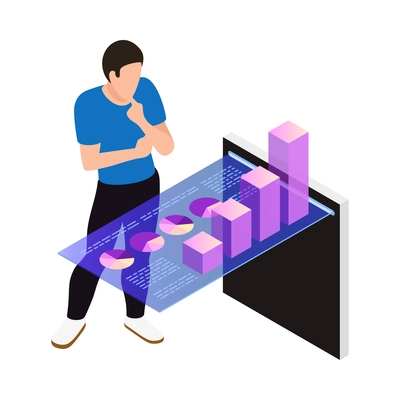 Isometric augmented technology icon with man looking at charts on virtual screen 3d vector illustration