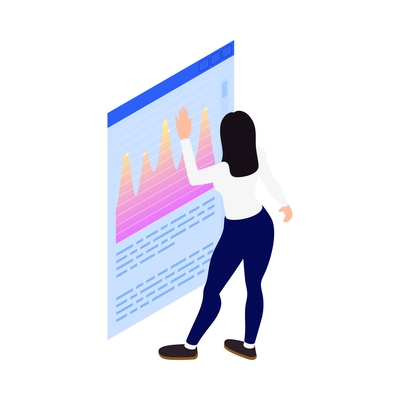 Woman interacting with virtual interface 3d isometric vector illustration