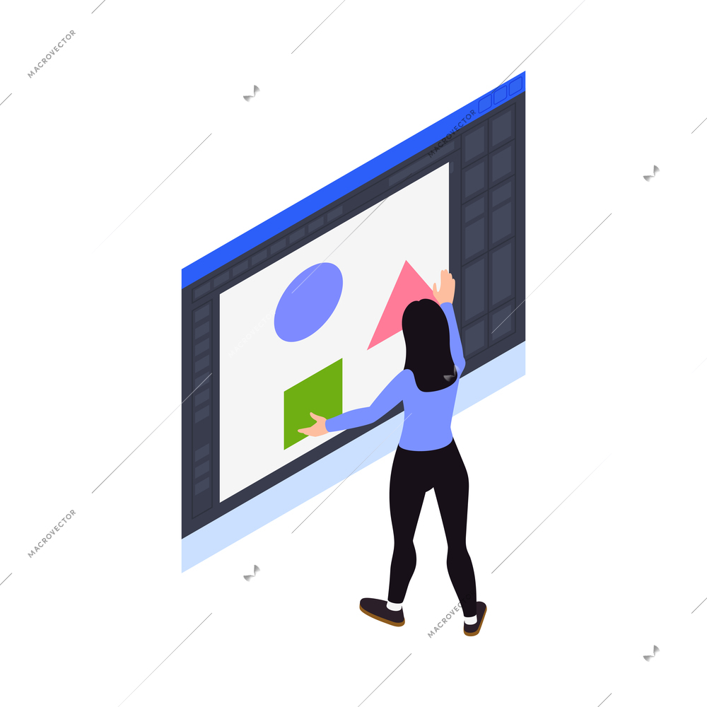 Augmented reality icon with woman using virtual interface 3d isometric vector illustration