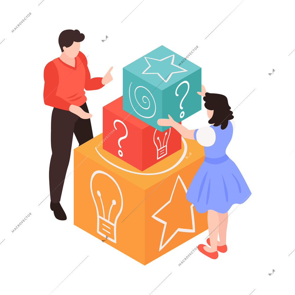 Isometric teamwork creative process concept with two characters of coworkers and colorful blocks 3d vector illustration