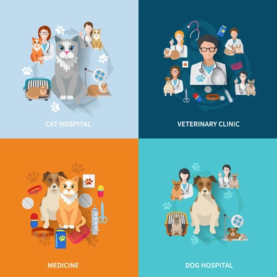 Veterinary flat set with cat and dog hospital medicine clinic isolated vector illustration