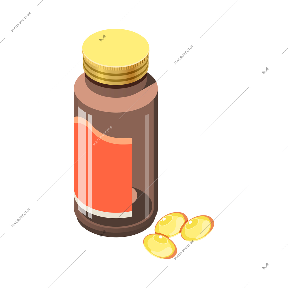 Bottle of cod liver oil pills or vitamins 3d isometric icon vector illustration