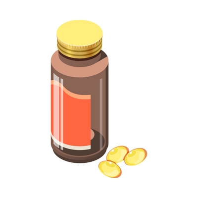 Bottle of cod liver oil pills or vitamins 3d isometric icon vector illustration